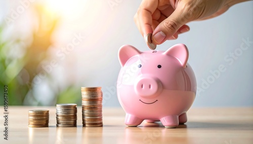 Wallpaper Mural Hand putting coin in piggy bank with saving money, financial planning, and investment. Torontodigital.ca