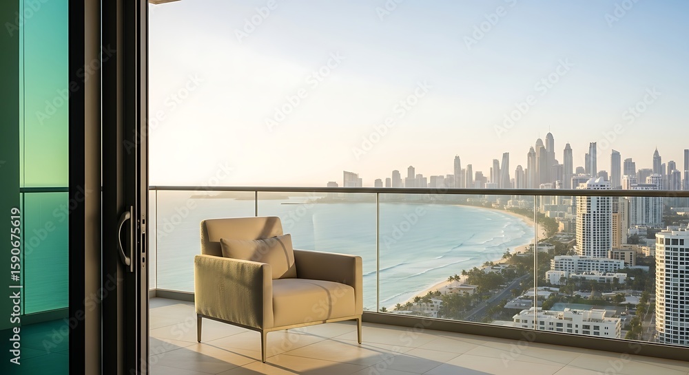 Fototapeta premium Relax on Balcony Overlooking City Skyline and Ocean