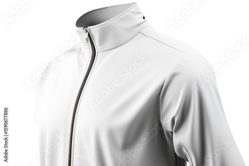 Close-up of a white, long-sleeved zip-up jacket, showcasing its smooth texture and subtle details.  The zipper is a dark color