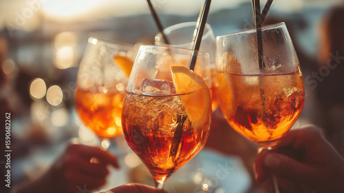 Buon Ferragosto Aperol Spritz Toast by the Sea During Golden Hour Summer Festivities