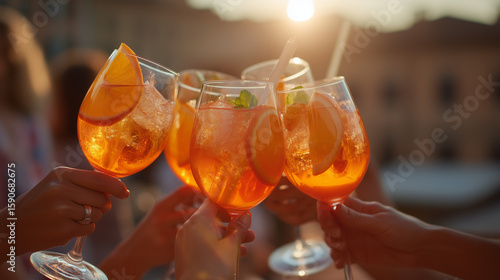 Celebrating Buon Ferragosto with Aperol Spritz Cocktails at Sunset on a Rooftop Terrace in Italy