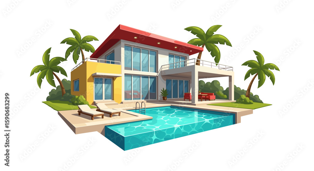 Fototapeta premium Illustration of a modern two story villa with a red roof and a swimming pool surrounded by palm trees on transparent background