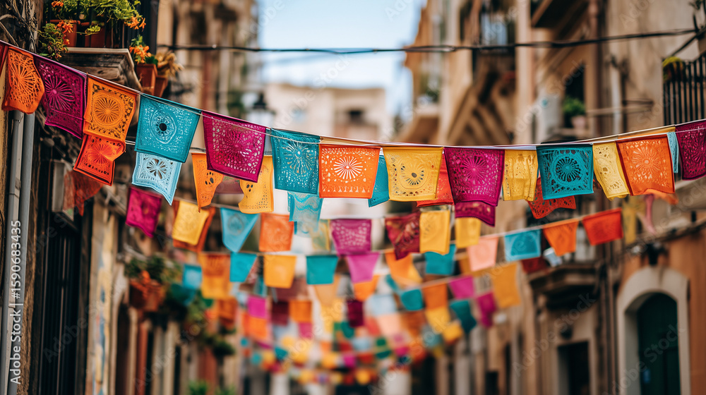 Obraz premium Close-up of vibrant hanging flags on Italian streets during Buon Ferragosto celebration symbolizing joy, summer, and tradition