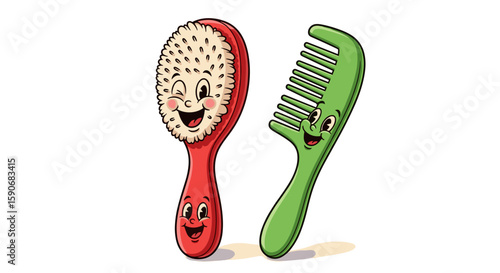 Cartoon illustration of a red hairbrush and a green comb with smiling faces standing side by side together on transparent background