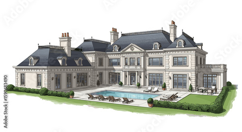 Illustration of a large white mansion with a swimming pool and patio furniture in the backyard area on transparent background