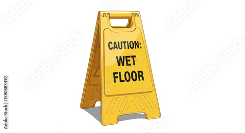 A yellow caution sign with the words caution wet floor indicating a potential hazard due to slippery surface on transparent background
