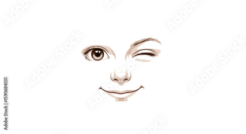 Illustration of a winking face with one eye open and a smile on a white background in simple style on transparent background