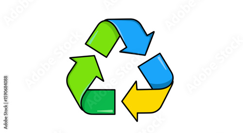 Illustration of a colorful recycling symbol with green blue and yellow arrows on a white background design art on transparent background