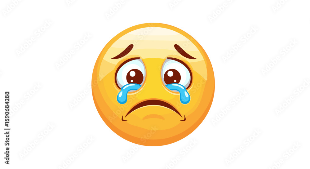 Fototapeta premium Illustration of a yellow emoji with tears streaming down its face and a frowning mouth expressing sadness on transparent background