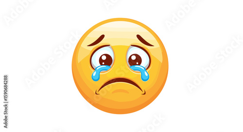 Illustration of a yellow emoji with tears streaming down its face and a frowning mouth expressing sadness on transparent background