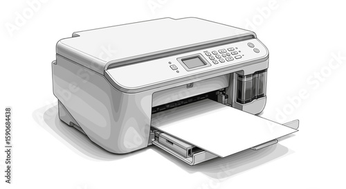 Illustration of a modern inkjet printer with a paper tray and control panel in a detailed monochrome style on transparent background