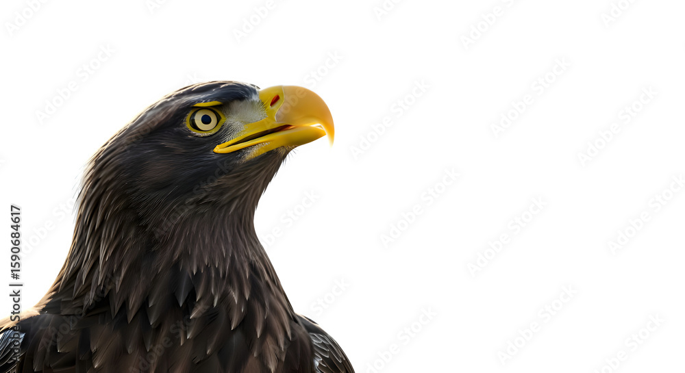 Fototapeta premium A close up of a stellers sea eagle with a yellow beak against a black background looking to the right