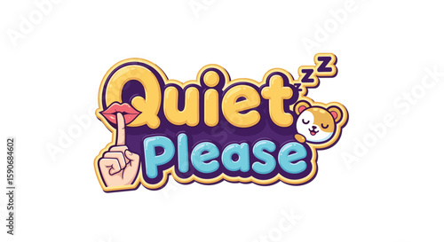 Cartoon image with the words quiet please a finger over lips and a sleeping hamster illustration on transparent background