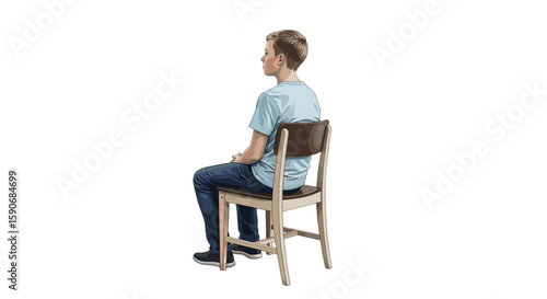 A young boy with short hair is sitting on a wooden chair with a brown back, wearing jeans and a t shirt looking away on transparent background