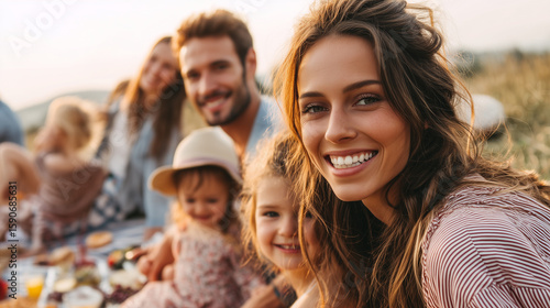 Happy family celebrating Buon Ferragosto outdoors with a cheerful summer picnic, enjoying quality time together in the countryside during the holiday season