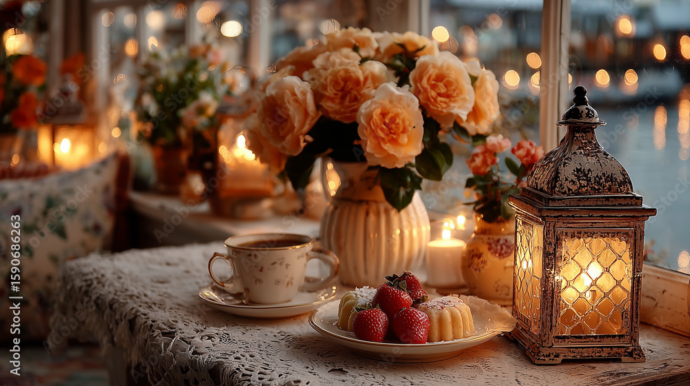 Naklejka premium アンティークな窓辺で楽しむ苺デニッシュと紅茶の時間灯とともに