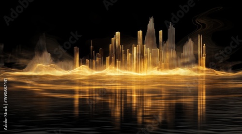 Fototapeta Naklejka Na Ścianę i Meble -  Golden city skyline reflected on water, abstract style