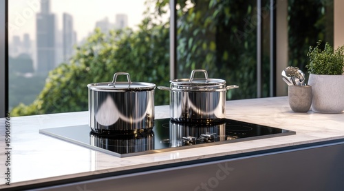 Modern kitchen with stainless steel pots on induction cooktop