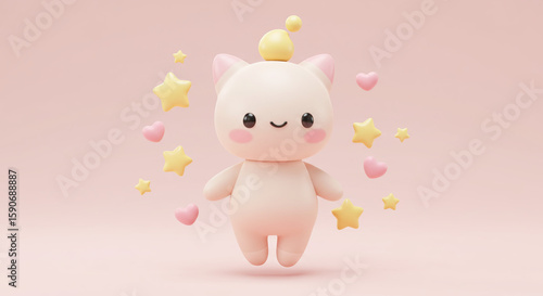 Wallpaper Mural Cute Pink Animal Character Surrounded by Hearts and Stars A Charming 3D Illustration Torontodigital.ca