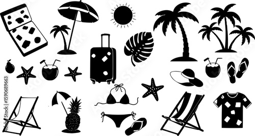 summer time beach holidays travel design elements, decoration Silhouettes: mattress, suitcase, umbrella, sunchair, palm tree, leaf, fruits, pineapple, coconut drink, flip flops, bikini, hat, shirt	