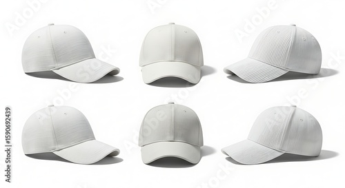 Six Stylish White Baseball Caps on White Background Front, Side, and Angled View