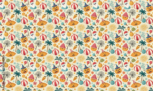 Halloween and Christmas characters with festive ornaments