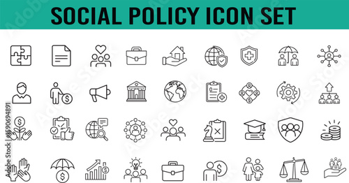 set of icons for  public policy icon, economic, legislation, schooling, reform, justice, protection, wellbeing, social, policy, service, line icon.