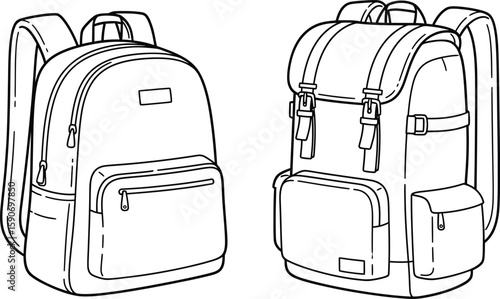 Line art illustration of travel and school backpacks for designers, students, and adventurers. Vector image.