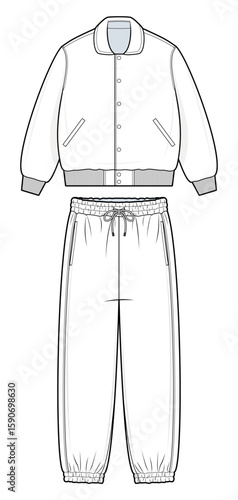Bomber Jacket and Joggers Technical Fashion flat. Unisex Athleisure Set Vector Template. Front design. Relaxed Fit. Ribbed Collar, Hem and Cuffs. Drawstring Waistband. White Color. Unisex. CAD Mockup.