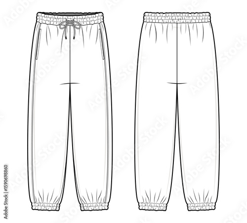 Drawstring Jogger Pants Technical Fashion Illustration. Unisex Sweatpants Vector Template. Front and Back design. Relaxed Fit. Elastic Waistband and Cuffed Ankles. Unisex. White. CAD Mockup set.