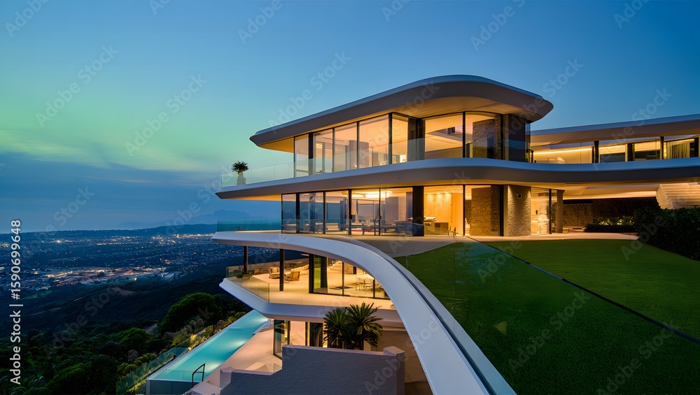 Fototapeta premium Modern luxury villa with infinity pool and panoramic city view at twilight