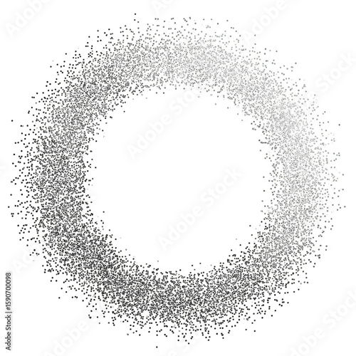 A grayscale circular ring of speckled particles, reminiscent of glittering dust or sand, against a black background. The ring is unevenly distributed, creating a textured appearance