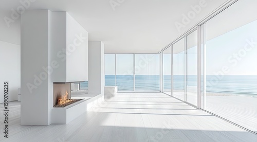 Modern white living room with ocean view