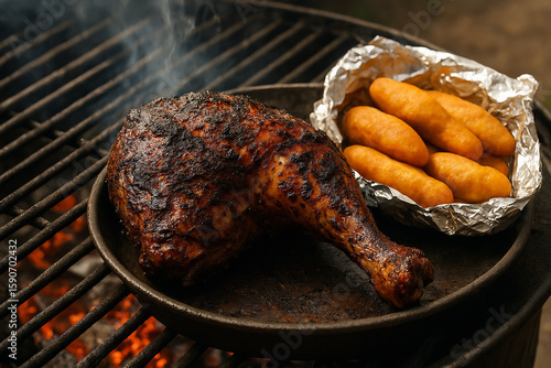 Jamaican Jerk Leg Quarter with Festival in Foil Beside Jerk Pan