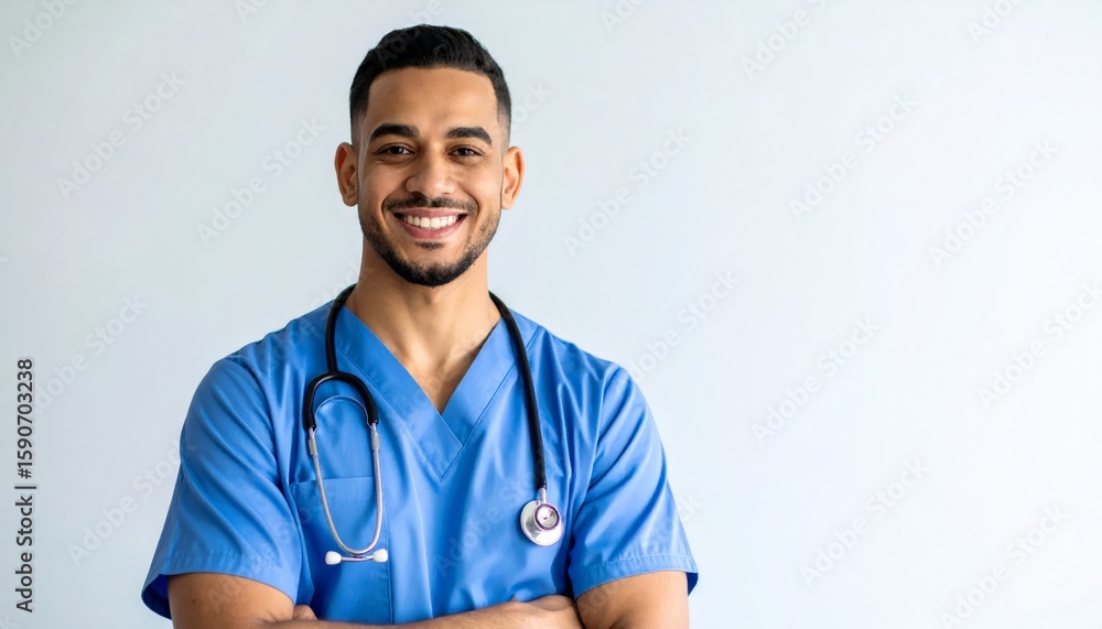Smiling doctor in blue scrubs portrait Smiling doctor in blue scrubs portrait