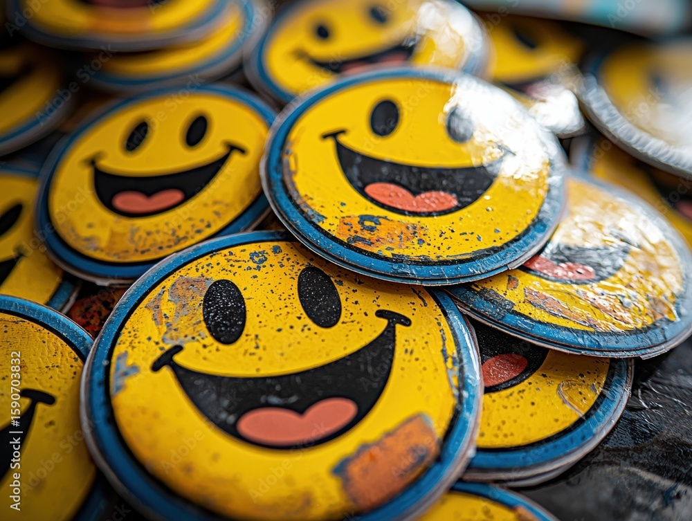 Fototapeta premium Close up view of hand peeling bright yellow smiley face sticker from colorful sheet place it on greeting card setting emphasizes creativity and fun in crafting