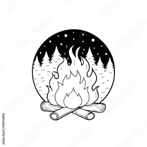 Bonfire illustration with flames and trees in a chalk style  