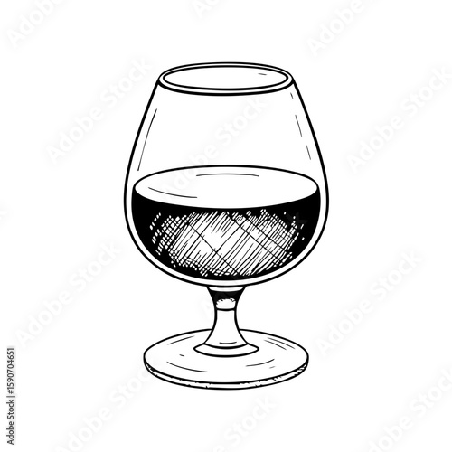 Brand styled glass of brandy with dark liquid inside  