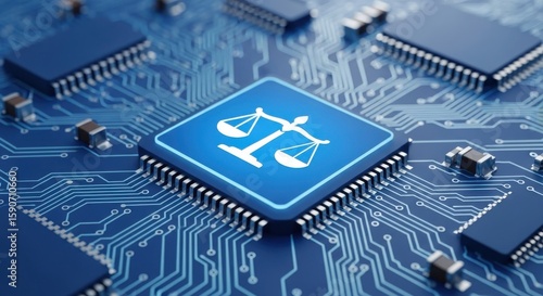 Digital Law and Justice Scales of Justice on a Microchip representing AI and Legal Technology