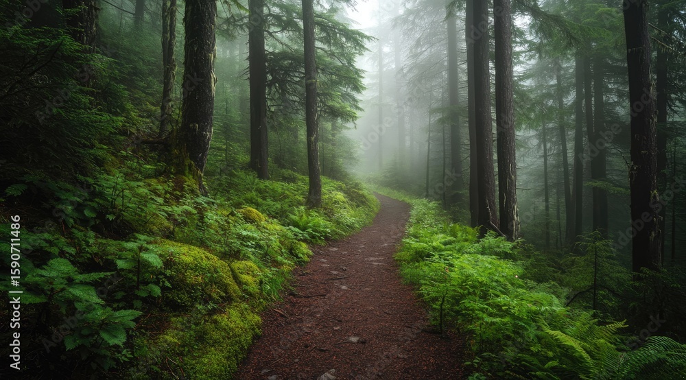 Obraz premium Misty forest path winding through lush greenery (13)