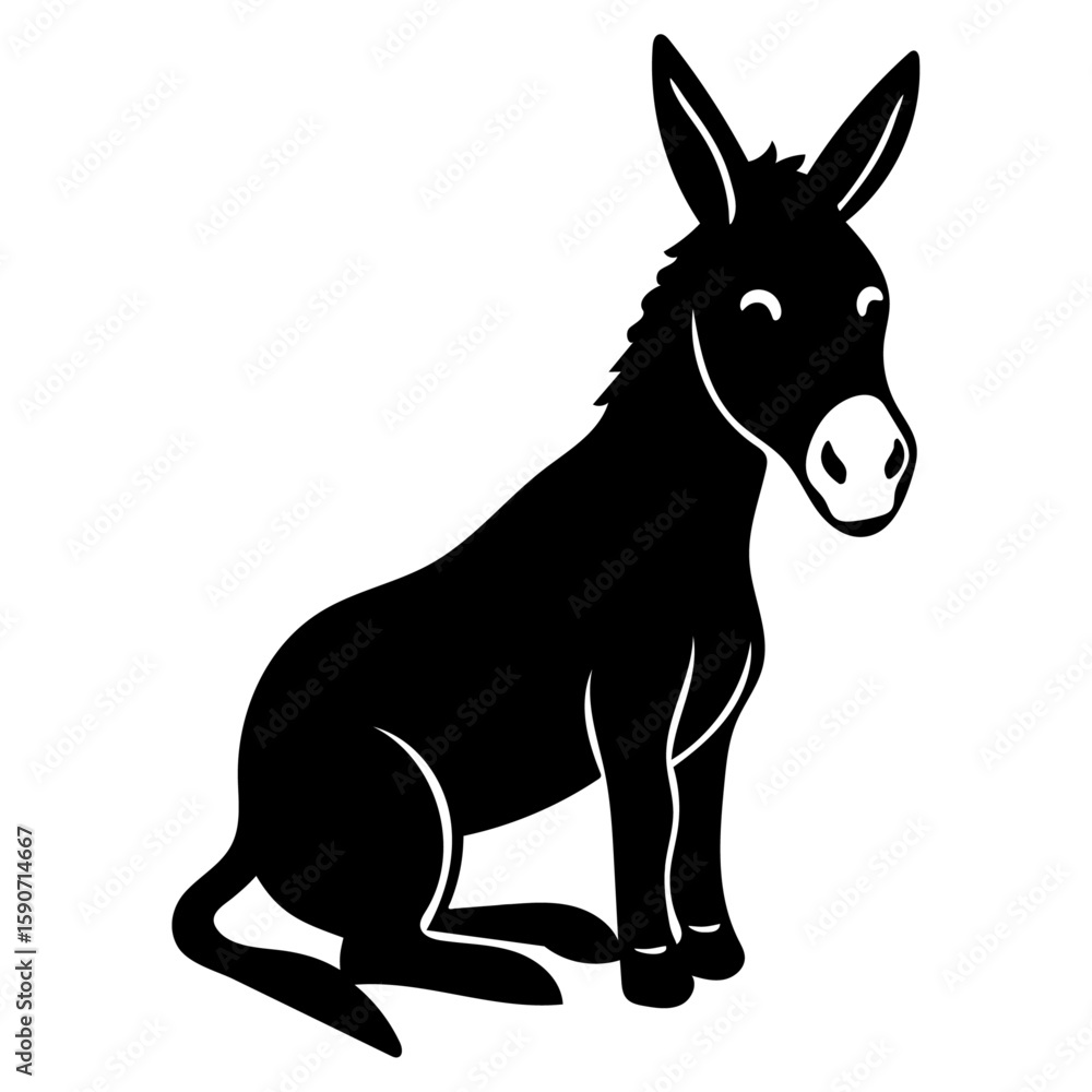 Fototapeta premium Adorable Cartoon Donkey Illustration Black Silhouette of a Sitting Donkey