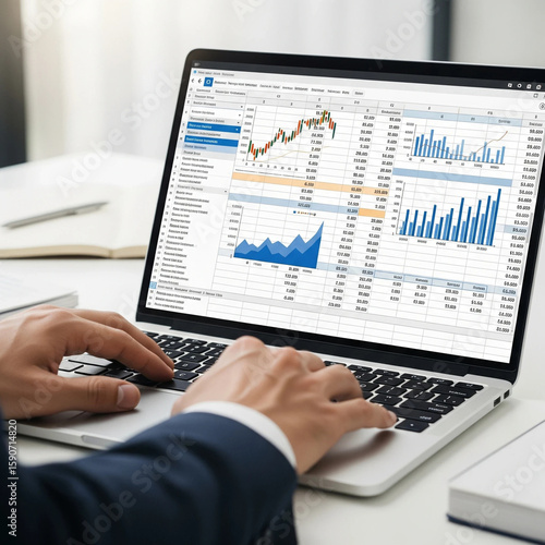 Businessman's hand on laptop, analyzing business conditions with spreadsheet software. Financial graphs and table calculations are displayed, showing management analysis.
