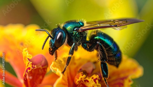 Metallic orchid bee on tropical bloom