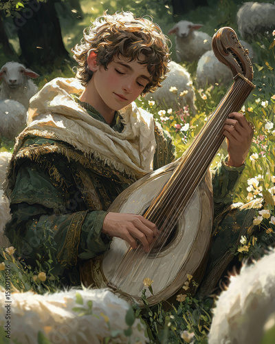 In lush field sunset, young David plays his lyre, his curly hair illuminated soft golden light Unique sheep graze peacefully, embodying tranquility and future promise