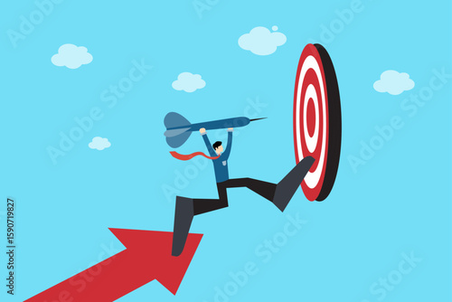 businessman jumps toward a bullseye target, symbolizing business focus, goal achievement, and determination in reaching objectives.