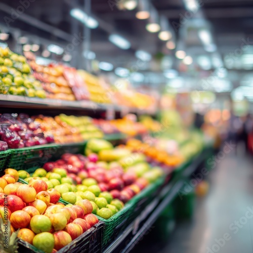 Blurred grocery store produce section, colorful fruits & vegetables in display bins