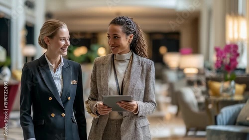 A professional hotel concierge dressed in a crisp uniform walks alongside a satisfied guest in the lobby. The guest holds a tablet indicating her preference while discussing potential