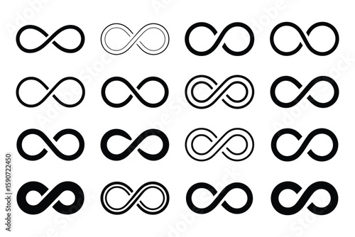 Infinity Icon Set Featuring Symbols of Eternity, Endless Loops, Unlimited Possibilities, and Continuity in Flat Vector Style – Perfect for Logos, UI, and Conceptual Design

