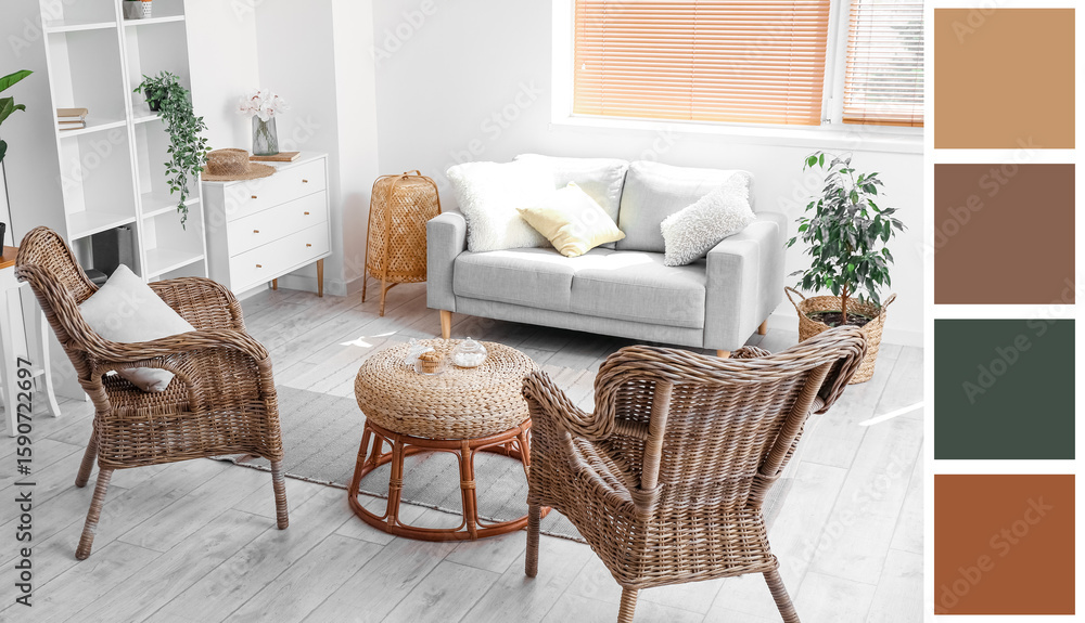 Fototapeta premium Interior of cozy living room with rattan armchairs and table