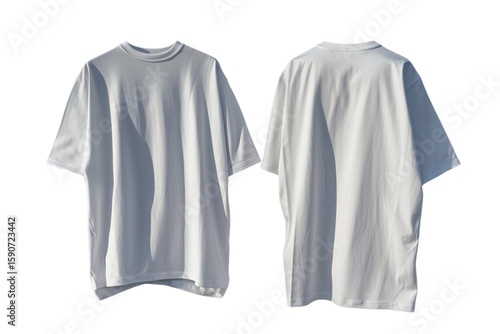 A crisp white t-shirt is shown from the front and back, showcasing its simple, oversized design and slightly relaxed fit. The fabric appears smooth and the shirt hangs loosely